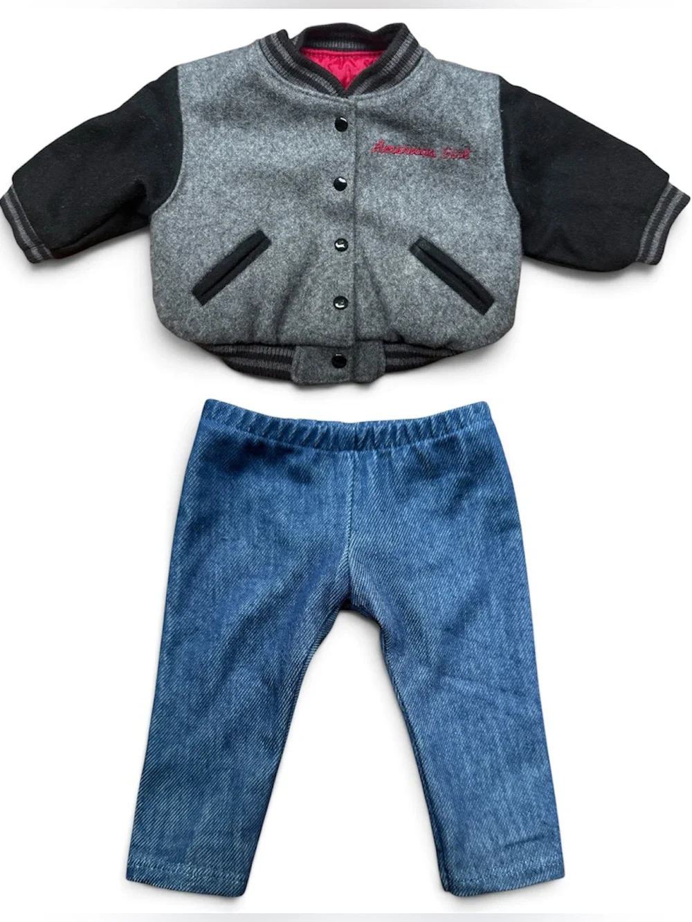American Girl Doll Varsity Jacket & Jeans Pants Bundle Lot Gray Embroidery Y2K